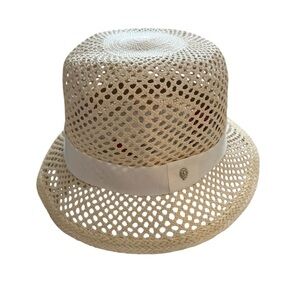 Helen Kaminski Monique Crochet Raffia Bucket Hat in Chalk